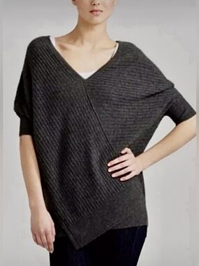 Vince Yak Wool Cocoon Sweater Charcoal Ribbed Dolman V Neck Asymmetric S